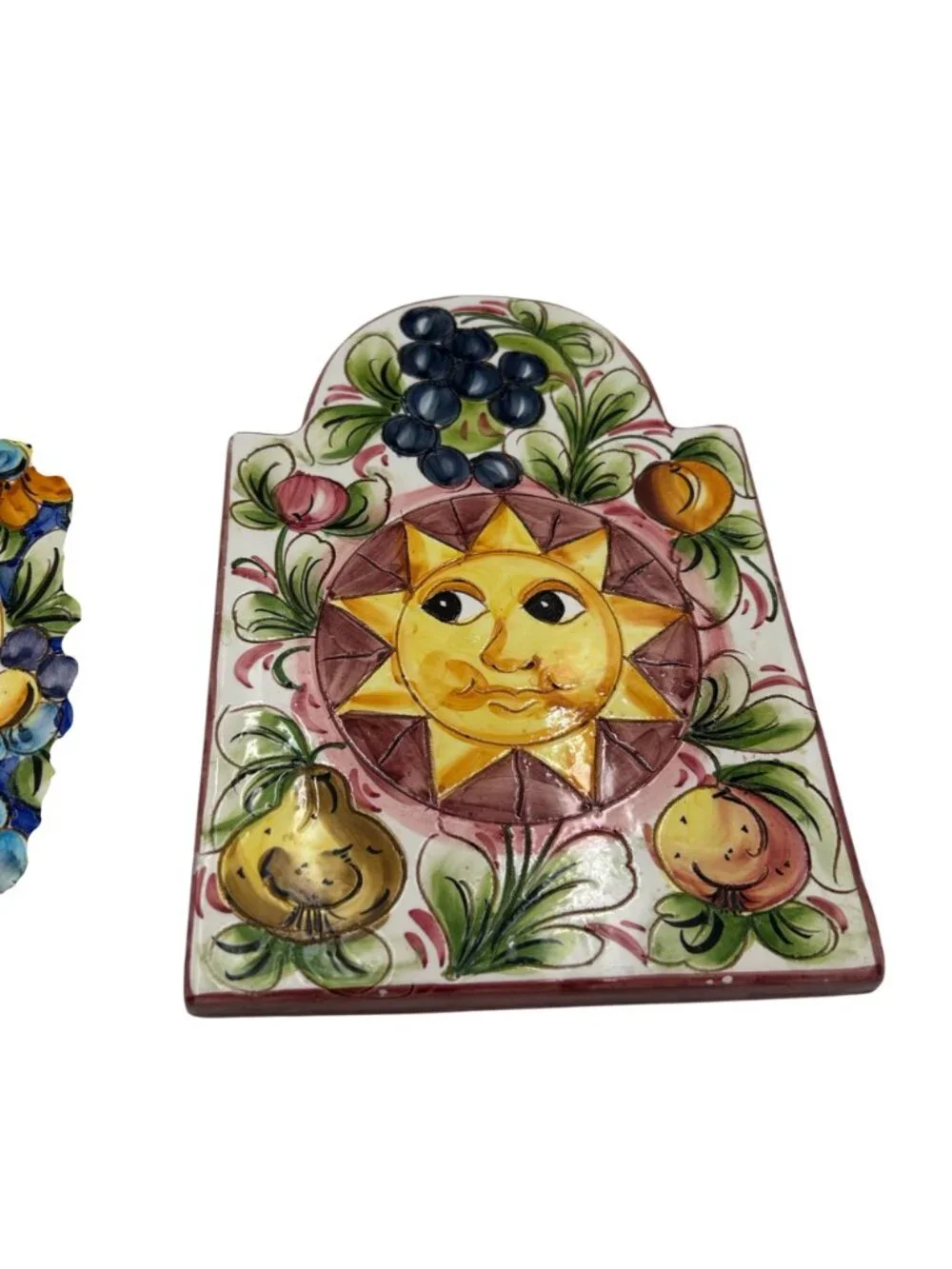 Hand Painted Italian Ceramic Sunflower & Fruit Wall Plaques Set Of 2 Vibrant